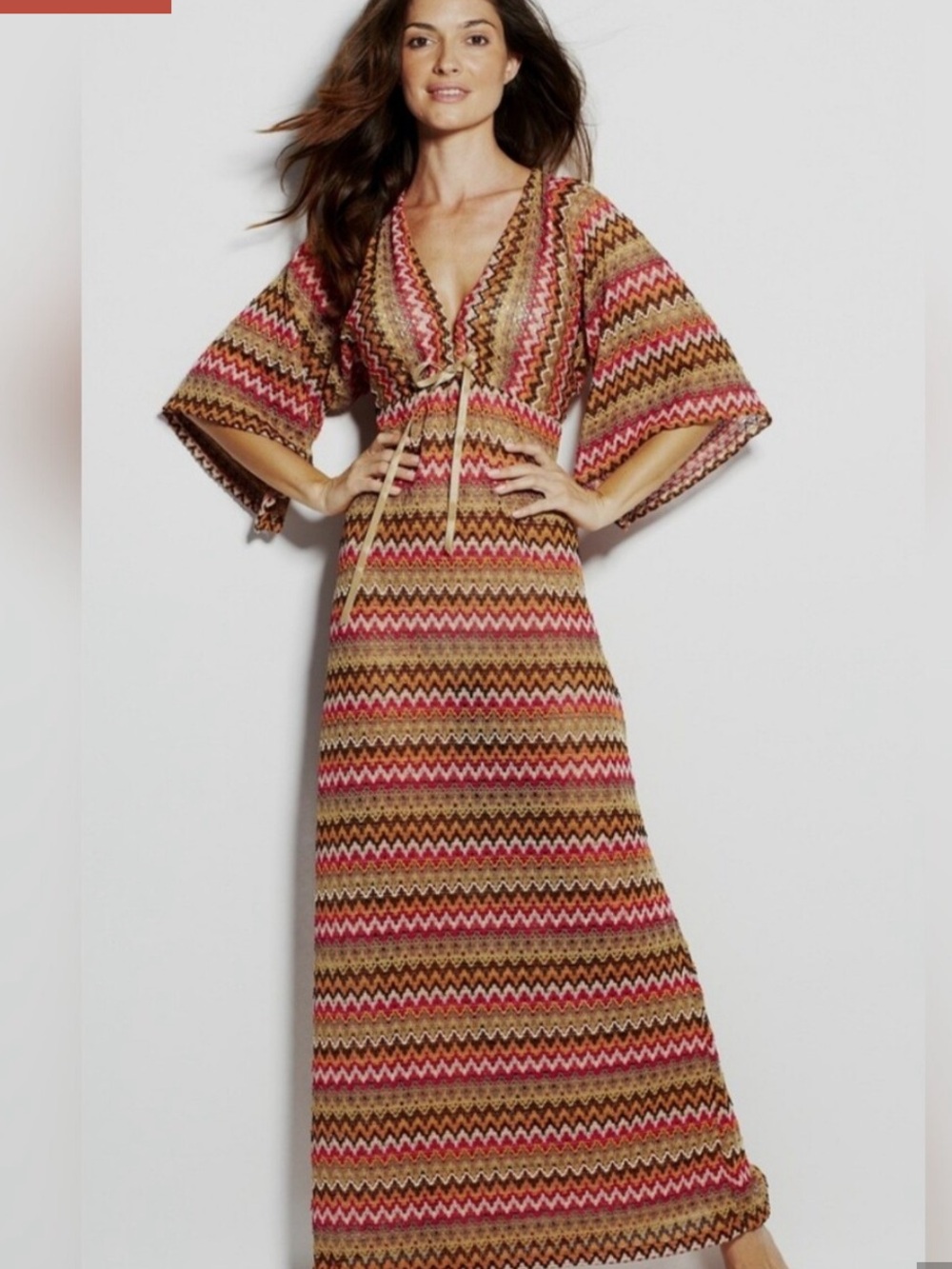 Boho Chevron Tie-Front Maxi Swim Cover-Up in Pink and Tan